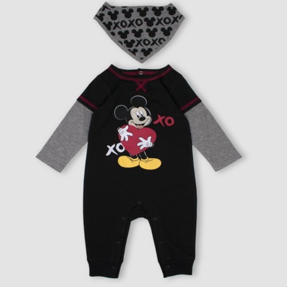 Baby Disney XO Mickey Romper w/ Bib NWT Long Sleeve Disney Outfit NEW 18 Months - Picture 1 of 8